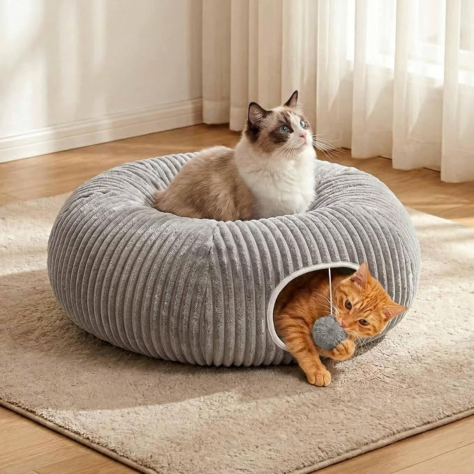 Cat Tunnel Bed for Indoor Cats, Peekaboo Cat Cave Bed, Grey | Soft Cat Donut Tunnel for Kitten Large Cats, Cat Gifts