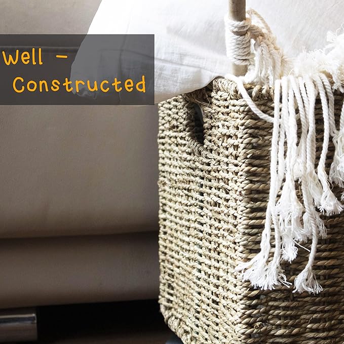 PEMAR Set 2 Nesting Natural Wicker Rolling Storage Baskets on Wheels w Insert Handles, Under Table Under Desk Woven Storage Bins, Mobile File Cabinet Organiser (Seagrass, Sizes M, L Nesting)