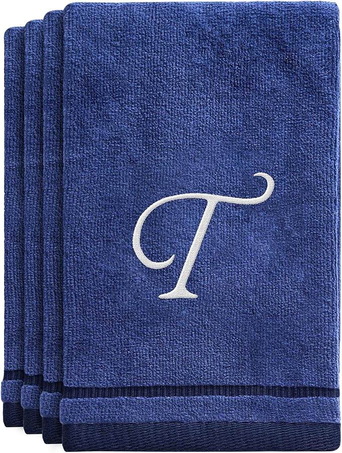 Creative Scents Navy Blue Monogrammed Towels with Initials - 4 Pack Super Absorbent Bathroom Fingertip Cotton Towel with Soft Velour Finish - Personalized Gifts for Freinds & Family 11"x18" Initial T