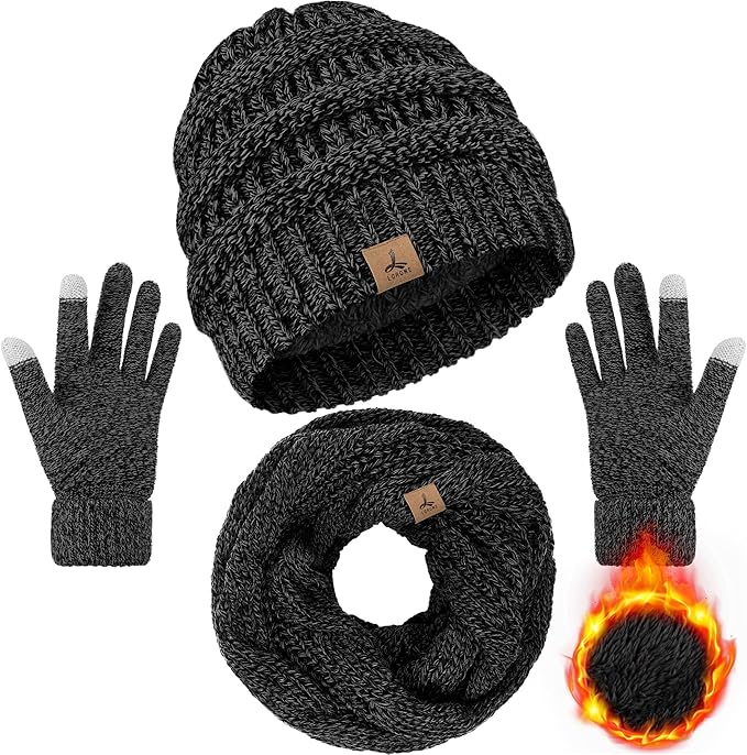 Winter Beanie Hat Scarf Gloves, Warm Fleece Knit Hats Touch Screen Gloves Neck Scarf Set Winter Gifts for Unisex Adult