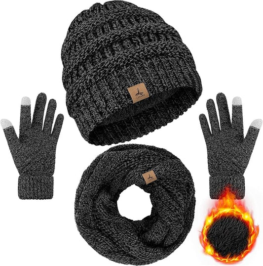 Winter Beanie Hat Scarf Gloves, Warm Fleece Knit Hats Touch Screen Gloves Neck Scarf Set Winter Gifts for Unisex Adult