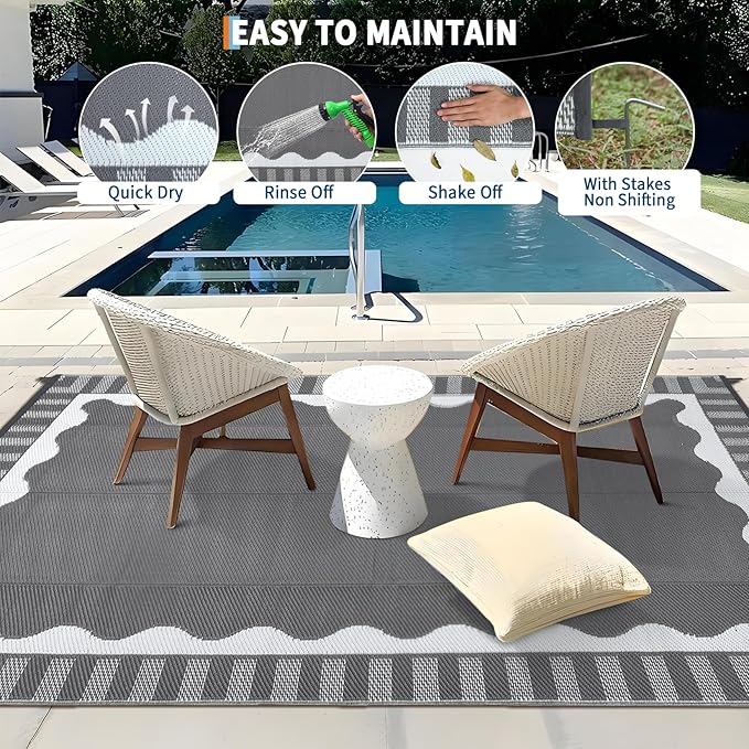 Waterproof Plastic Straw Outdoor Rug 9x18 Patio Reversible UV Resistant Foldable Camping Carpet Scalloped Border Large Outdoor Rugs for Deck, Picnic, Porch, Camper, Balcony, Beach，Grey