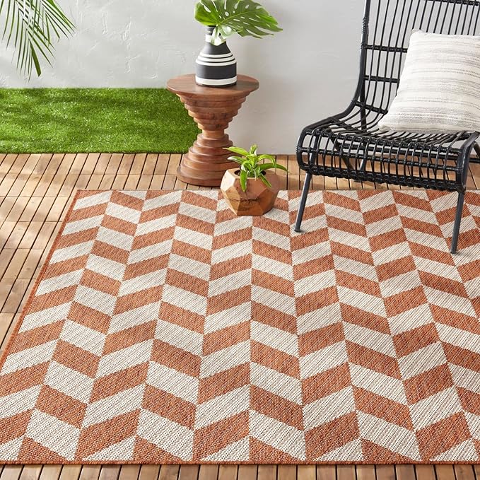 Nicole Miller New York Patio Country Calla Contemporary Herringbone Indoor/Outdoor Area Rug, Orange/Ivory , 7'9"x10'2"