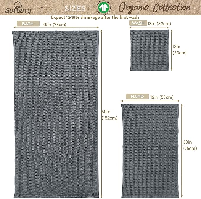 Softerry European Waffle Weave Bath Towel Set - 100% Organic Cotton - Quick Dry Lint Free Thin and Absorbent - Fade Resistant - Eco-Friendly (Set of 8, Space Gray)