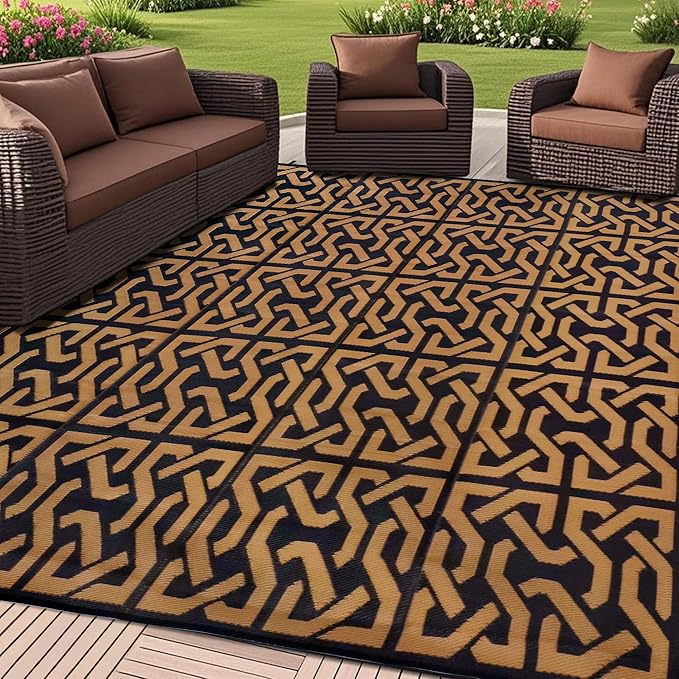SAND MINE Reversible Mats, Plastic Straw Rug, Modern Area Rug, Large Floor Mat and Rug for Outdoors, RV, Patio, Backyard, Deck, Picnic, Beach, Camping, Trailer, Black & Brown, 9' x 12'