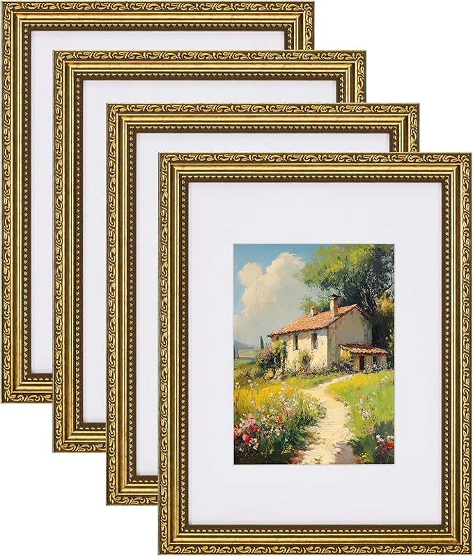 eletecpro 9x12 Picture Frames Set of 4, Vintage Gold 9 x 12 Photo Frames with Glass, Display 6x8 Photo with Mat or 9x12 without Mat for Tabletop or Wall Decor, Gold