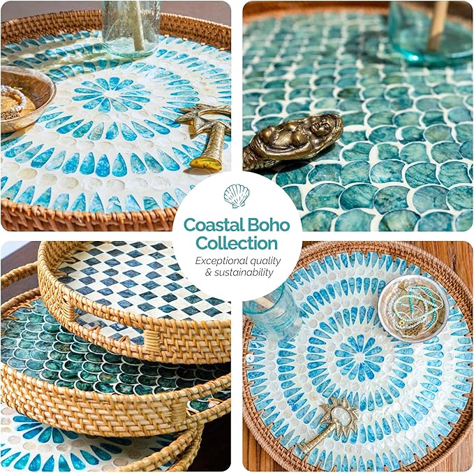 JUNGLE CULTURE Rattan Serving Tray 12" with Mother of Pearl Inlay • Coastal Boho Collection • Handcrafted Woven with Handles for Home • Round Dining Table Tray • Wicker Serving Basket – Ripple