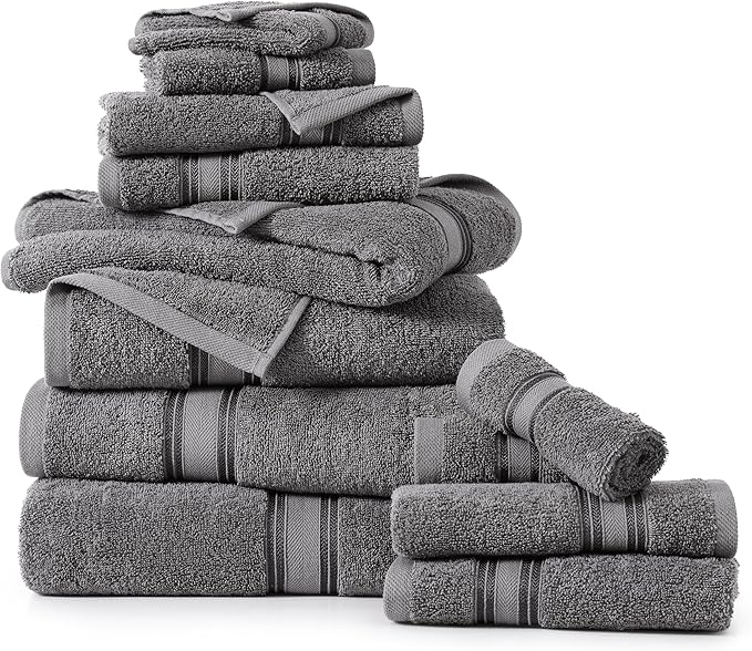 LANE LINEN Towel Set of 12 – 100% Ring-Spun Cotton, Zero Twist, 4 Large Bath Towel, 4 Hand Towels & 4 Wash Cloths, Quick Dry & Long-Lasting, Perfect for Family Bathrooms, Easy Care – Cool Grey