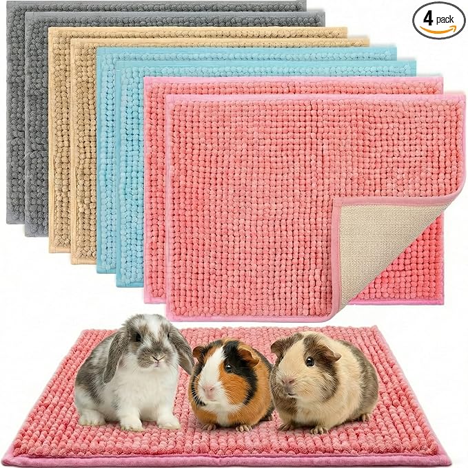 Guinea Pig Cage Liner Mats, Chenille, 16x12 in, 4 Pack, Gray, Beige, Blue, Pink, Reusable Bedding Pad for Cage, Play Area, Travel (4)