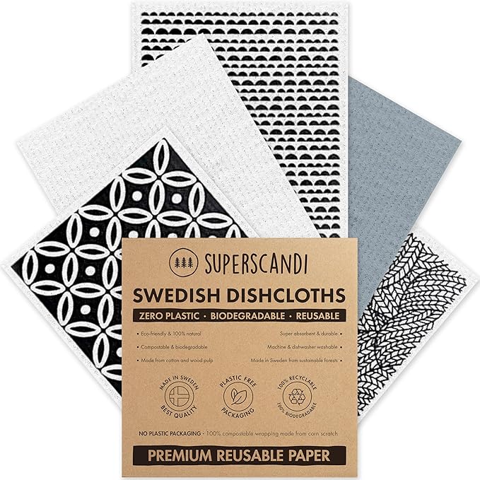 SUPERSCANDI 5 Pack Swedish Dishcloths for Kitchen - 100% Biodegradable & Compostable, Reusable Paper Towels Washable, Food-Safe & Without Plastic - Dish Rags Suitable for Any Surface, Scandi White