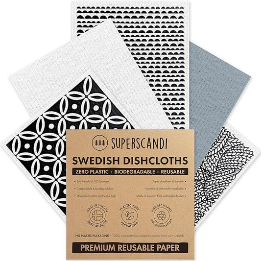 SUPERSCANDI 5 Pack Swedish Dishcloths for Kitchen - 100% Biodegradable & Compostable, Reusable Paper Towels Washable, Food-Safe & Without Plastic - Dish Rags Suitable for Any Surface, Scandi White