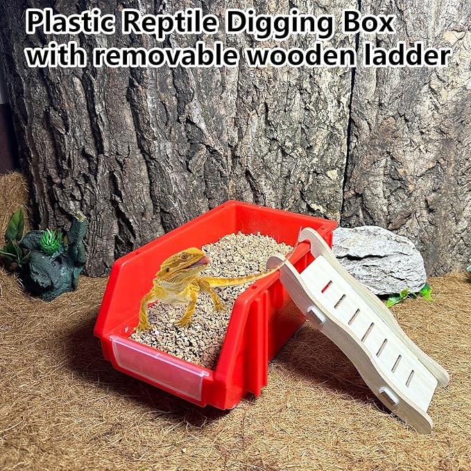 Reptile Digging Box Plastic Leopard Gecko Burrowing Habitat Hide Box with Wooden Ladder Compatible with Terrariums Tailored for Juvenile Bearded Dragons and Snake in Compact Setups (Red)