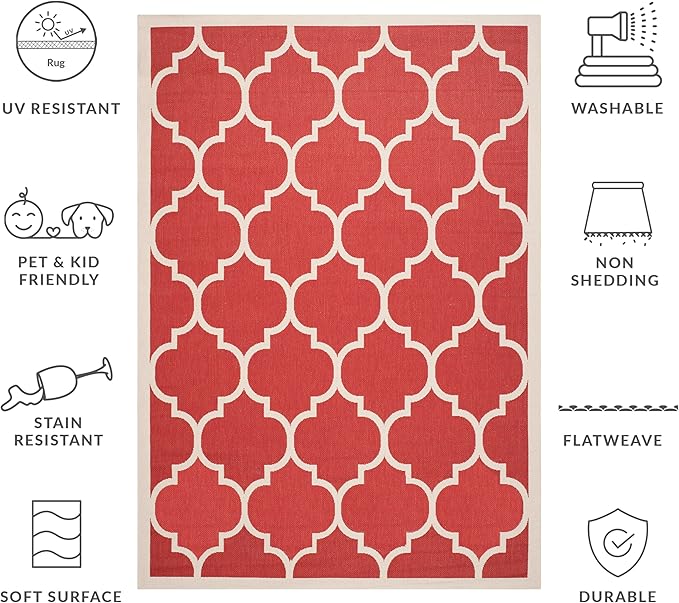 SAFAVIEH Washable Rug Outdoor Courtyard Collection - 6'7" x 9'6", Red & Bone, Non-Shedding & Easy Cleaning, Ideal for Patio, Backyard, Mudroom (CY6914-248)