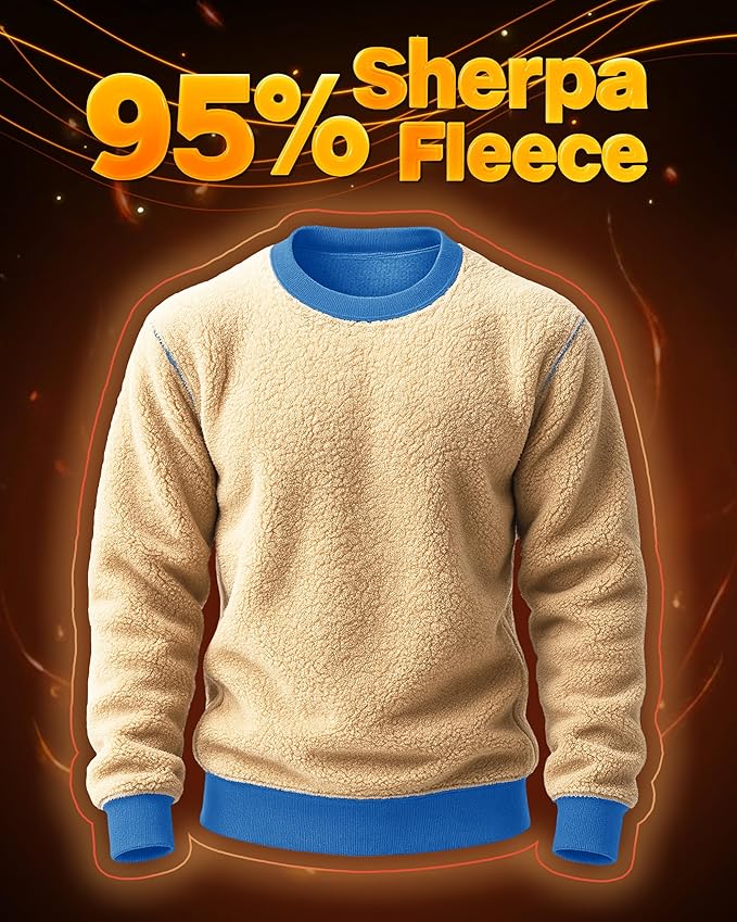 Boladeci Men's Full Sherpa Lined Crewneck Sweatshirts Heavy-weight Fleece Pullover Thick Thermal Long Sleeve Cotton