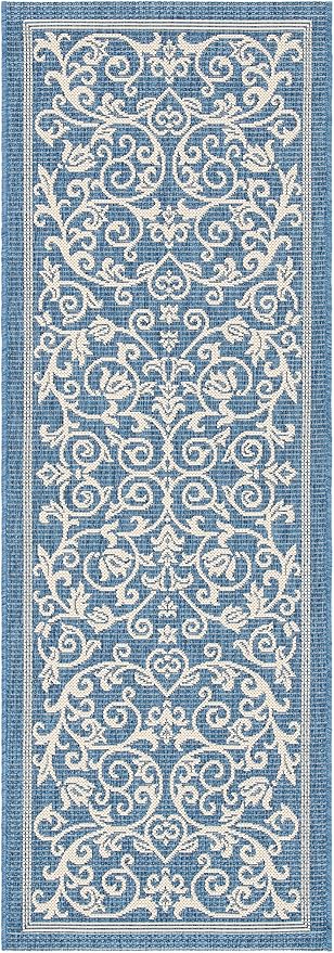 SAFAVIEH Washable Rug Outdoor Courtyard Collection - 2'3" x 14' Runner, Blue & Natural, Non-Shedding & Easy Cleaning, Ideal for Patio, Entryway, Mudroom, Hallway, Kitchen (CY2098-3103)