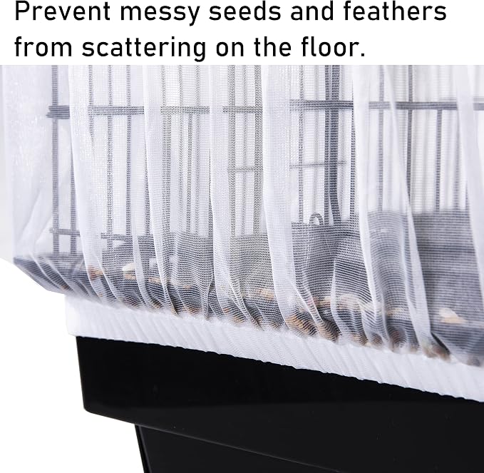 Tamu style Bird Cage Seed Catcher, Stretchy Mesh Skirt, 55-100 inch, White | Stretchy bird cage cover with nylon netting; breathable net catches seeds and feathers while allowing airflow and light.