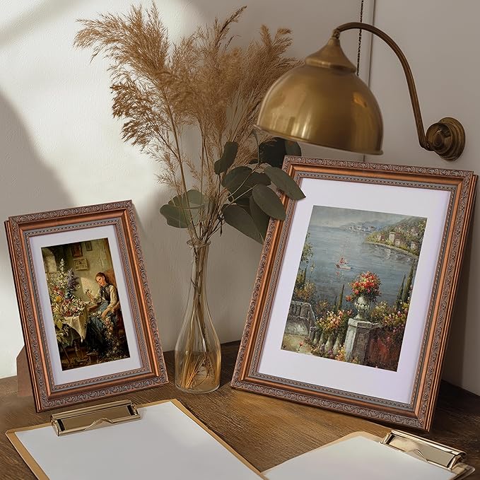 eletecpro 5x7 Picture Frames Set of 4, Vintage Photo Frames with Real Glass, Displays 4x6 Photo with Mat or 5x7 without Mat for Tabletop or Wall Decor, Bronze