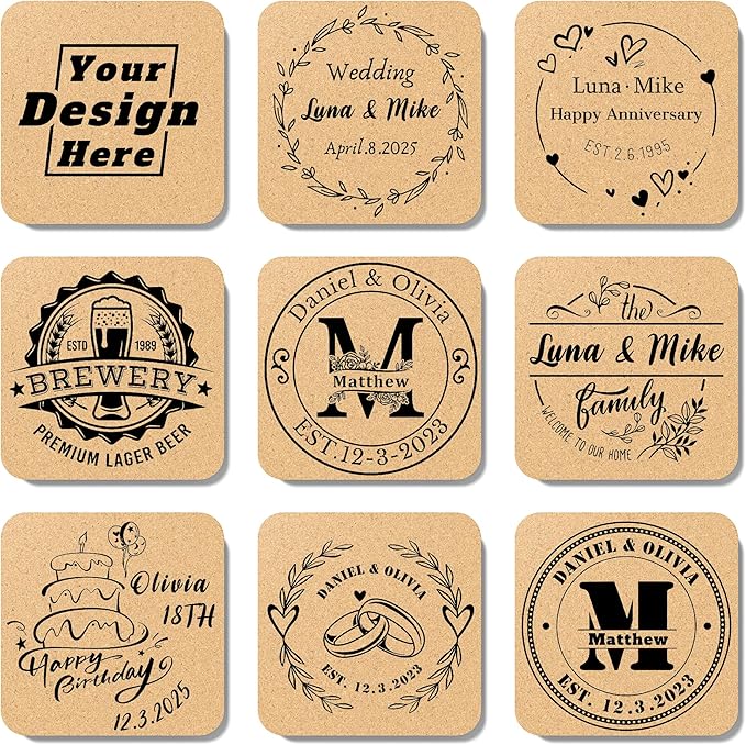 30 Custom Coasters, Personalized Cork Coaster Laser Engraved with Own Design Logo Text, Non-Slip Heat-Resistant Custom Cork Coaster for Wedding, Anniversary, Family Reunion Gifts (Square)