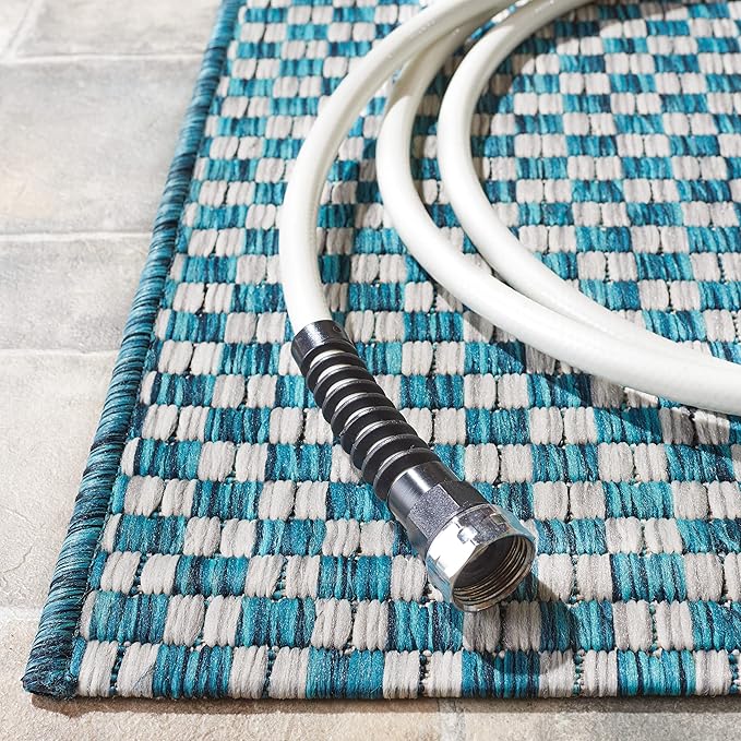 SAFAVIEH Washable Rug Outdoor Courtyard Collection - 5'3" Square, Turquoise & Light Grey, Non-Shedding & Easy Cleaning, Ideal for Patio, Backyard, Mudroom (CY8653-37221)