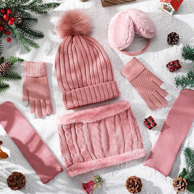 SATINIOR 5 Pcs Winter Satin Lined Hat Scarf Gloves Set Knit Pompom Beanie Warm Touchscreen Glove Earmuff Ear Warmer for Women