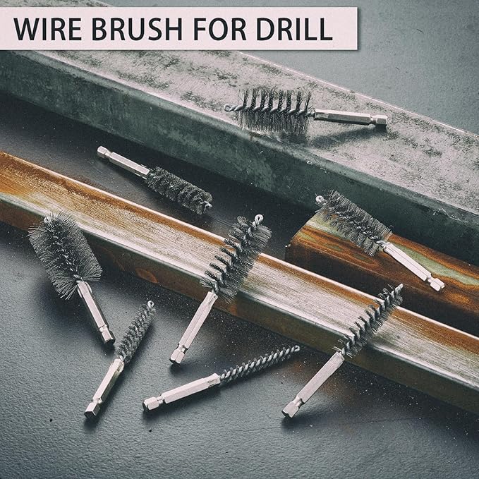 MAXMAN Stainless Steel Bore Brush, 8pcs Wire Brush for Drill, Durable Metal Bristles Twisted, 8 Size Set Multiple Diameter Options, 1/4 Inch Hex Shank, for Power Drill Impact Driver & Tube Cleaning