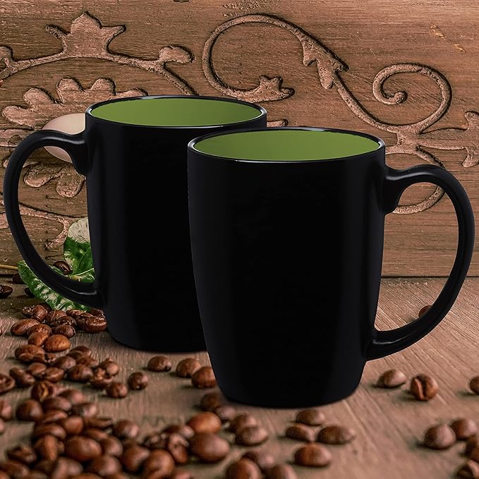 DISCOUNT PROMOS 10 Java Two Tone Coffee Mugs Set, 12 oz. - Stoneware, Durable, Easy Grip - BLACKLIME