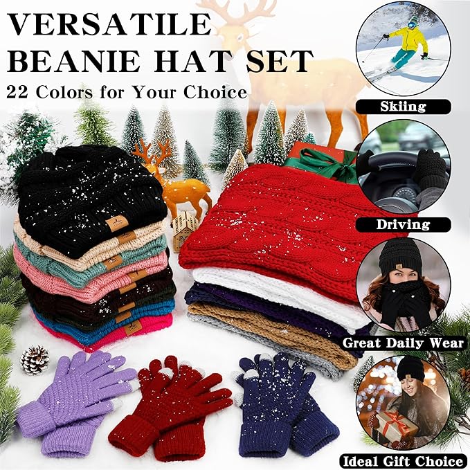 Winter Beanie Hat Scarf Gloves, Warm Fleece Knit Hats Touch Screen Gloves Neck Scarf Set Winter Gifts for Unisex Adult