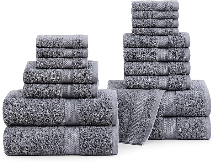 LANE LINEN 100% Cotton Bath Towel Set - Sustainably Produced, 18PCs Towels for Bathroom - 6 Hand, 8 Washcloths, 4 Shower Towels - Machine Washable, Quick Drying, Highly Absorbent - Cool Grey