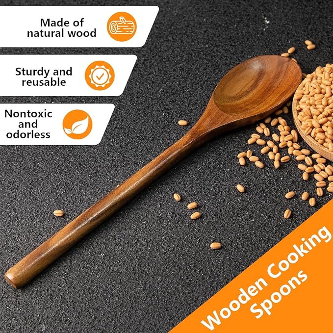 HAKSEN 2PCS Wooden Cooking Spoons, Wooden Kitchen Utensil Large Wood Spoon for Cooking Serving Mixing