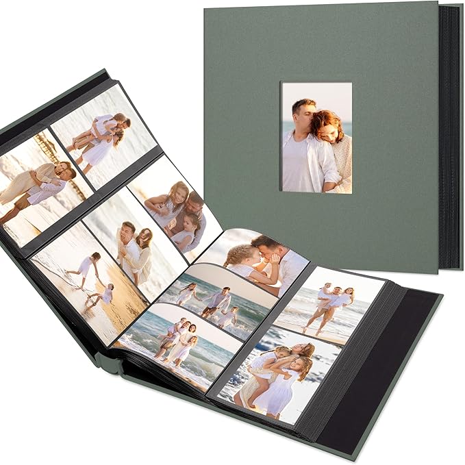 Photo Album Holds 600 Pockets with Linen Cover and Customizable Window, Fits 4x6 Photos, Archival Black Pages, Gray Green