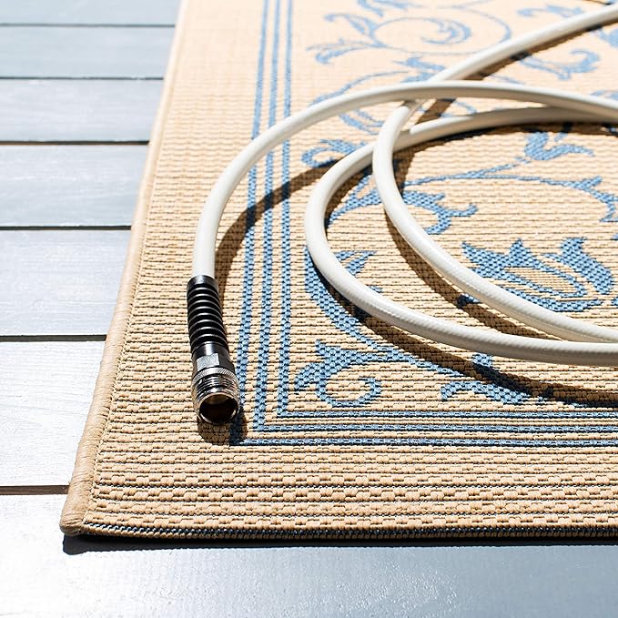 SAFAVIEH Washable Rug Outdoor Courtyard Collection - 2'3" x 10' Runner, Natural & Blue, Non-Shedding & Easy Cleaning, Ideal for Patio, Entryway, Mudroom, Hallway, Kitchen (CY2098-3101)