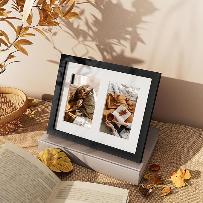 Vittanly 8x10 Collage Picture Frame, Displays 2Pcs 4x6 Pictures with Mat or 1Pcs 8x10 without Mat, Photo Frame for Wall Mounting or Table Top with Stand, Black, 1 Pack