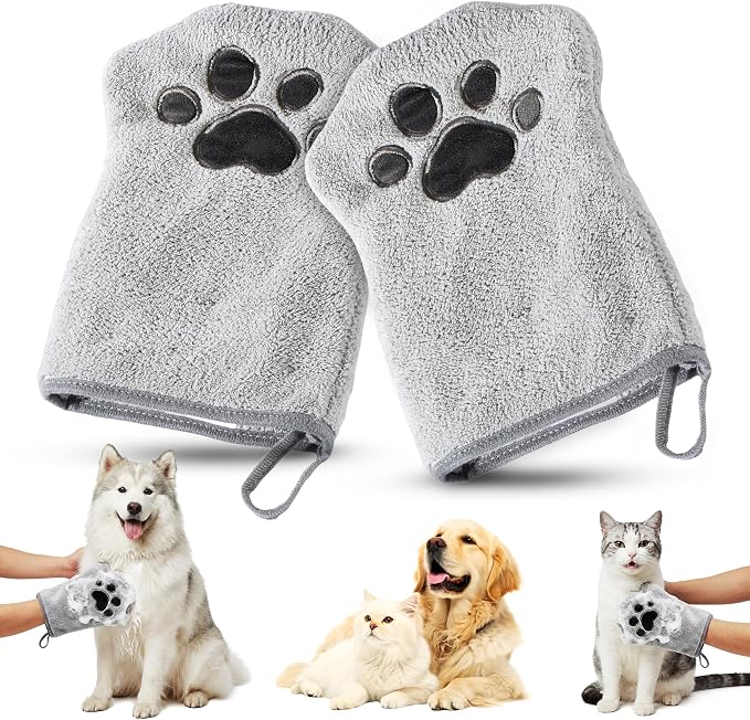 Microfiber Grooming Mitt, Reusable Pet Wipe, Dogs & Cats, Pair | machine washable, double-sided, paw-shaped design, replaces disposable wipes