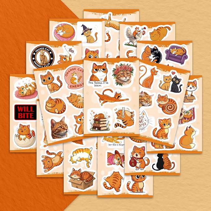 100Pcs Orange Cat Stickers for Water - Orange Cat Psrty Favors & Decorations - Pet Stickers - Gift for Women & Men