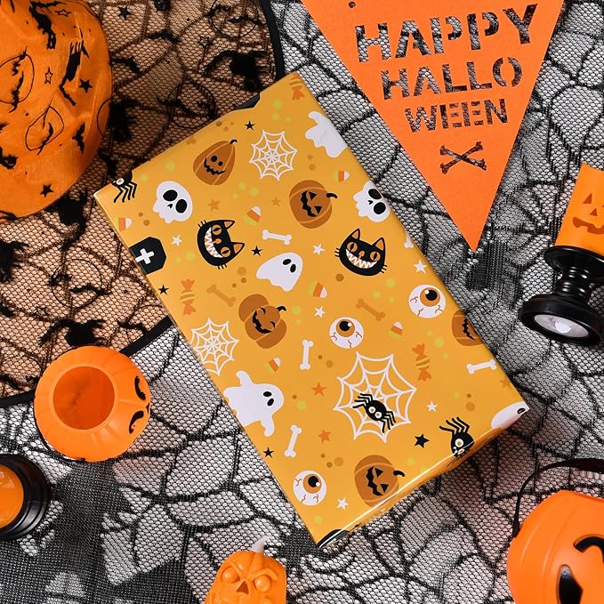 PlandRichW Halloween Wrapping Paper 12 Sheets Folded for Boys Girls Kids Man Women,Pumpkin Spooky Witch Hat Bat Halloween Decorations,Holiday,Party,Baby Shower Present Packing Each 20" X 29"