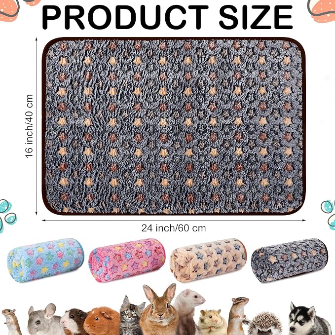 Reginary 4 Pcs Guinea Pig Fleece Blankets, Star Pattern, 24 x 16 Inch | Waterproof Washable Cage Liners, Absorbent Double Layer Bedding for Guinea Pigs, Reusable Pads for Hamsters Rabbits