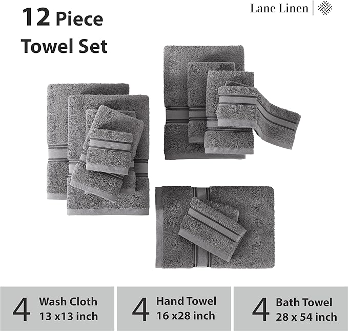 LANE LINEN Towel Set of 12 – 100% Ring-Spun Cotton, Zero Twist, 4 Large Bath Towel, 4 Hand Towels & 4 Wash Cloths, Quick Dry & Long-Lasting, Perfect for Family Bathrooms, Easy Care – Cool Grey