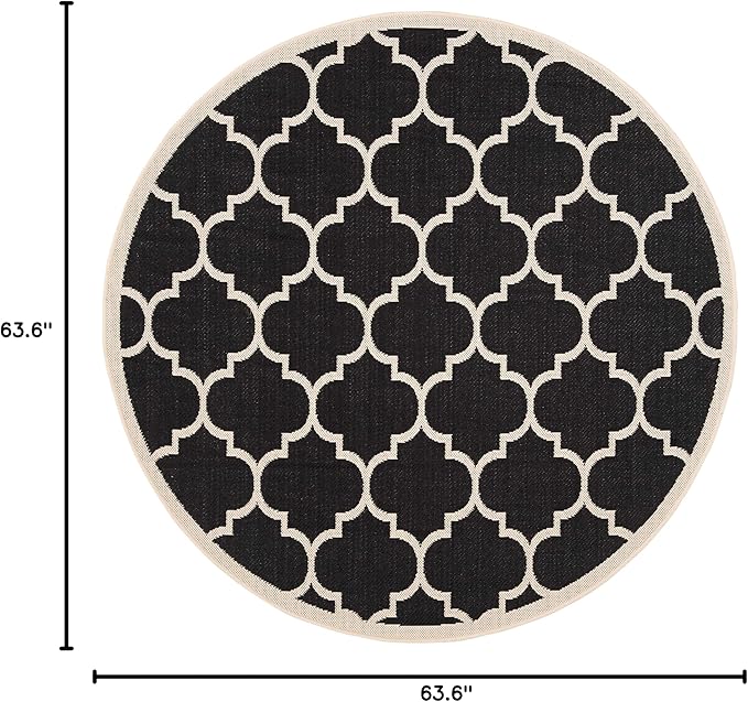 SAFAVIEH Washable Rug Outdoor Courtyard Collection - 5'3" Round, Black & Beige, Non-Shedding & Easy Cleaning, Ideal for Patio, Backyard, Mudroom (CY6914-266)