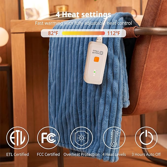 GOTCOZY Electric Blanket Heated Throw 50''X60''- Ribbed Faux Fur Heated Blanket with 4 Heating Level & 3 Hour Auto Off Heating Blanket, ETL&FCC Certified Machine Washable(Blue Moon)