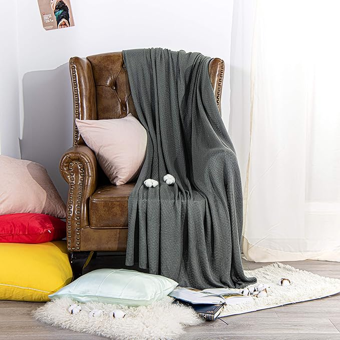 NTBAY Cable Knit Cooling Bed Blanket, Soft and Breathable Oversized Twin Bed Blanket 60x80 Inches Made from Rayon Derived from Bamboo for Bedroom, Travel, Dark Grey