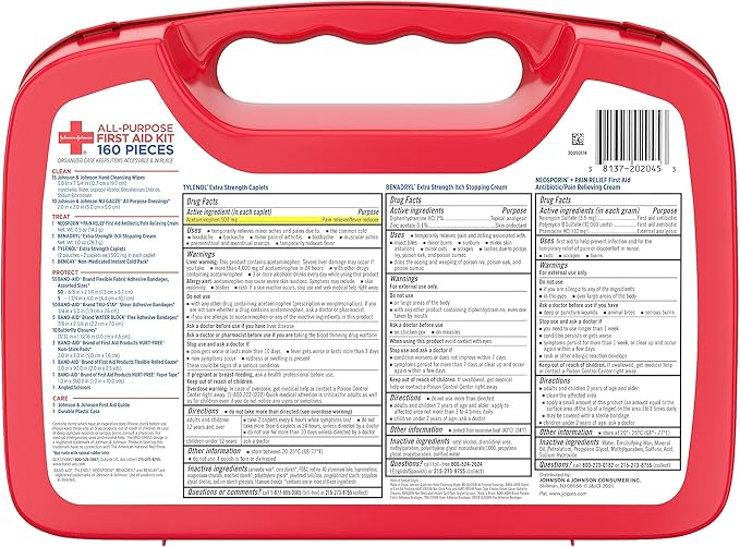 All-Purpose Portable Compact First Aid Kit for Minor Cuts, Scrapes, Sprains & Burns, Perfect for Home, Car, Travel, Camping Essentials & Outdoor Emergency Kit, 160 Piece