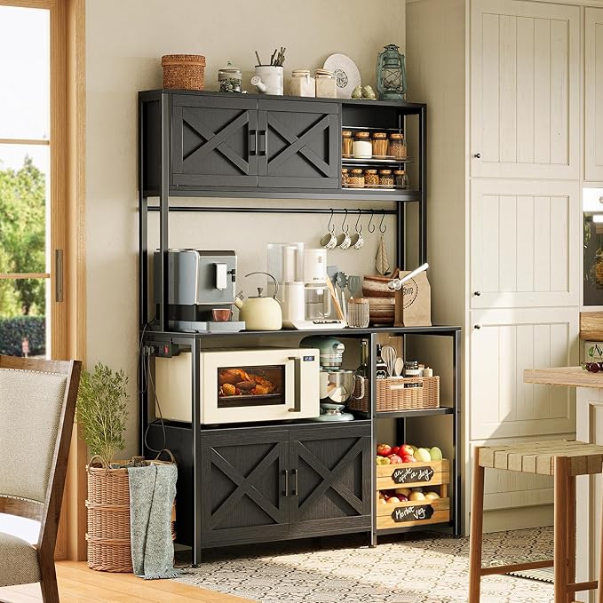 Huuger Large Bakers Rack with Power Outlet, Kitchen Microwave Stand with Cabinets, Coffee Bar Table Station with Storage, 6 S-Shaped Hooks, Mesh Shelves, 45 Inch Wooden Top, Black