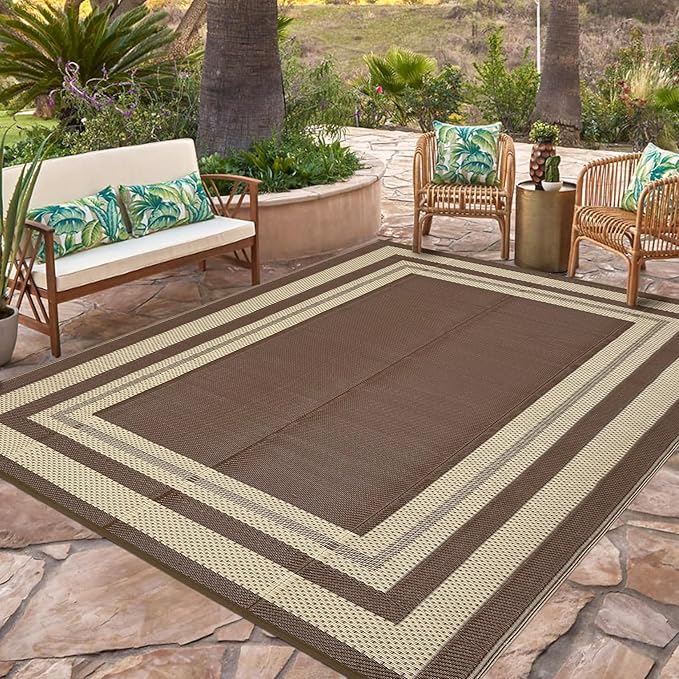 Patio Modern Border Outdoor Rug 10x14 Waterproof Large Reversible Camping Mat Foldable Lightweight Plastic Straw Outdoor Rug for Deck, Picnic, Porch, Camper, Balcony, Beach, Rv，Brown