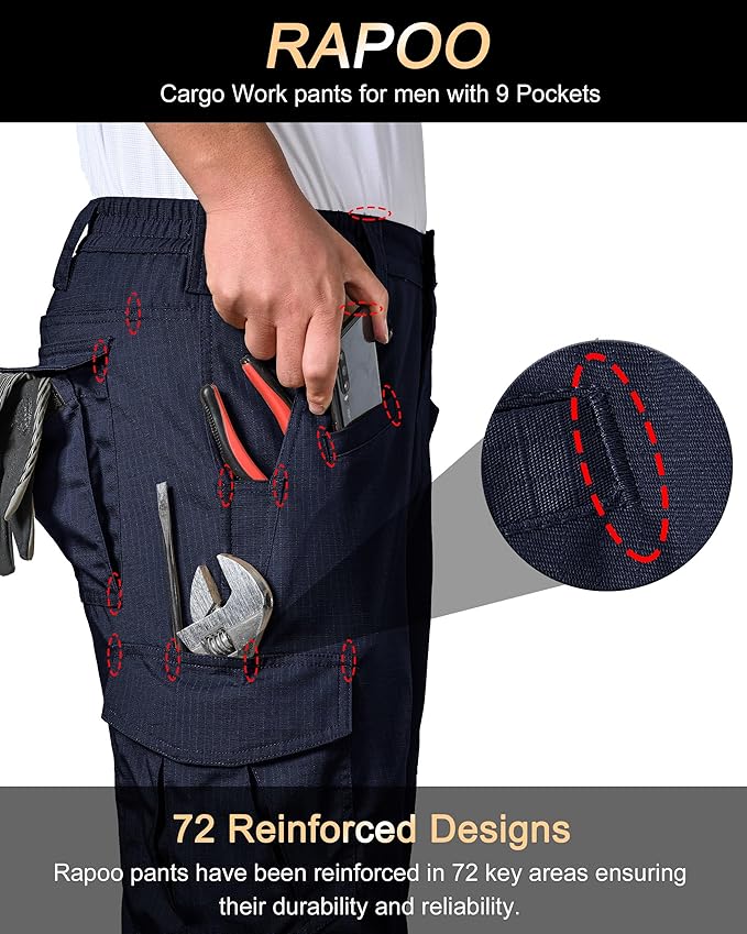 Rapoo Ripstop Water Resistant Cargo Tactical Pants for Men EDC Hiking Work Military Army Pants with 9 Pockets