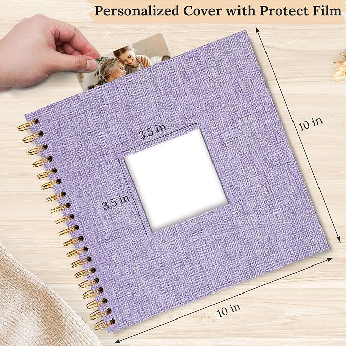 Scrapbook Photo Album Linen Cover, 10 x 10 Inch Hardcover Kraft White Pages Memory Book, for Travel Wedding Guest Book Christmas Baby Shower (40 Sheets/ 80 Pages,Purple)