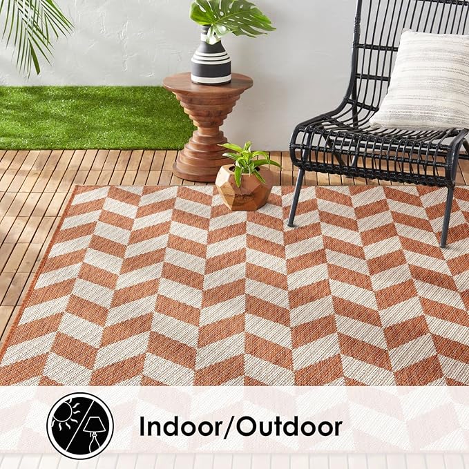 Nicole Miller New York Patio Country Calla Contemporary Herringbone Indoor/Outdoor Area Rug, Orange/Ivory , 6'6"x9'2"