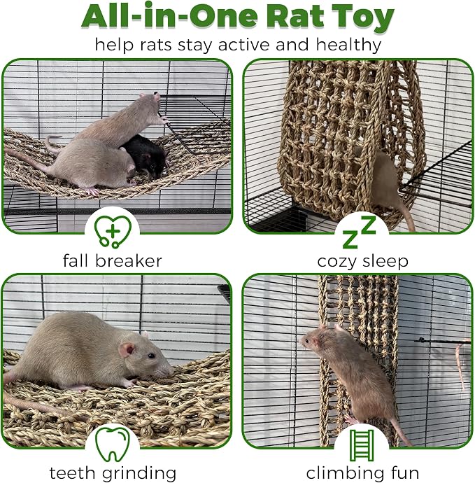 30x7inch Rat Climbing Toys for Cage, Chewable Natural Seagrass Mat | with Metal Hooks, Soft Fall Breakers for Rats, Rat Ladder Bridge Toy with Mild Grassy Scent, Rodent Hammock Cage Accessories