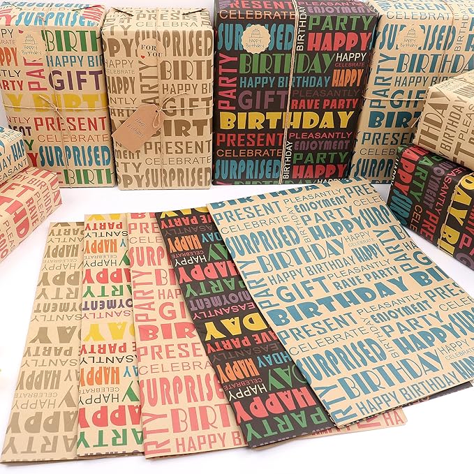 MAMUNU 10 Sheets Birthday Wrapping Paper, Colorful Happy Birthday Kraft Gift Wrapping Paper for Men Women Girls Boys, Recycled Brown Gift Wrap Paper Set with Tags Stickers, 20 x 28Inch