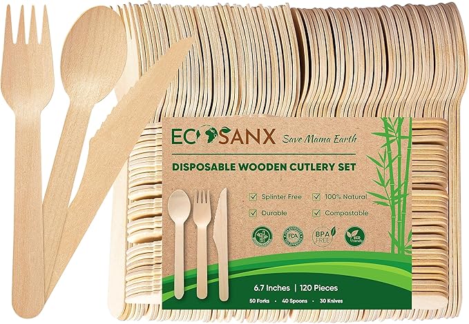 ECOSANX® 120 PCs Disposable Wooden Cutlery set 6.5" Splinter Free Compostable Utensils for party, Eco-Friendly, 100% All-Natural Bamboo Utensils set for picnic, Bamboo cutlery set for Events & More