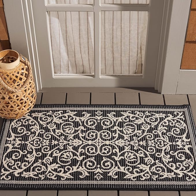 SAFAVIEH Washable Rug Outdoor Courtyard Collection - 2'7" x 5', Black & Sand, Non-Shedding & Easy Cleaning, Ideal for Patio, Backyard, Mudroom (CY2098-3908)